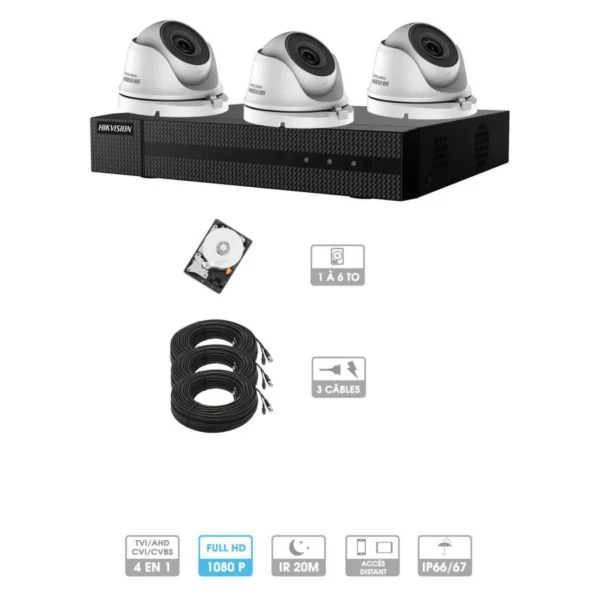 Kit vidéosurveillance 3 caméras | 1080P | HD | 3 câbles 20 mètres | HDD 1To | Dômes Hiwatch