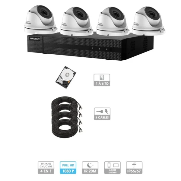Kit vidéosurveillance 4 caméras | 1080P | HD | 4 câble 20 mètres | HDD 1To | Dômes Hiwatch